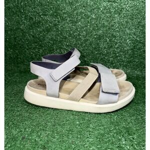 Ecco Womens Size 5.5 Flowt 2 Band Beige Blue Leather Straps Comfort Sandals EU36